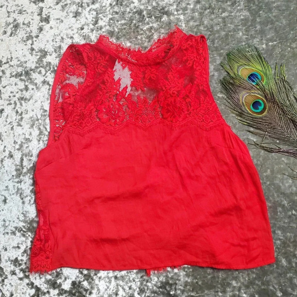 Free People Red Lace Sheer Tied To You Tank Top - Picture 1 of 5